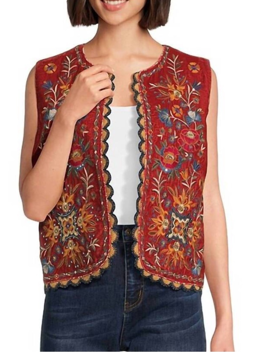 JOHN MARK Embroidered Patchwork Boho Vest M Terracotta Velvet Beaded Floral